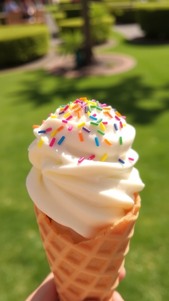 A delicious scoop of vanilla ice cream in a cone with sprinkles, set against a sunny outdoor background.